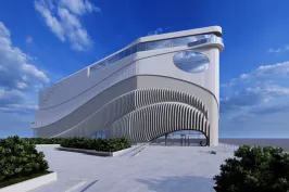 Architektur-Rendering der geschwungenen weißen Außenfassade von OCEAN BERLIN an der Rummelsburger Bucht, mit wellenförmigen Lamellen, großzügiger Terrasse und blauem Himmel.