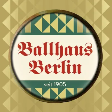 Ballhaus Berlin logo with geometric gold and green pattern, text reads "seit 1905"