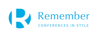 Logo with a white “R” on a blue background and blue text “Remember – Conferences in Style.”