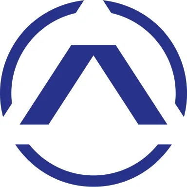 Blue geometric tent icon with a partial circle above on a white background.