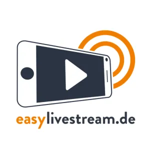 Logo mit Smartphone, Play-Symbol und orangenen Livestream-Wellen, Text "easylivestream.de"
